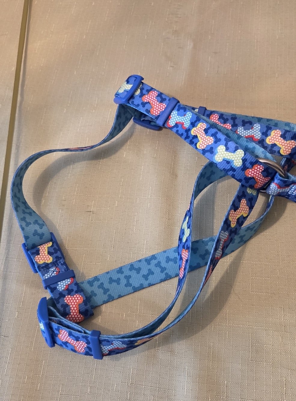 Blue Dog Harness Set with Colorful Bone Print